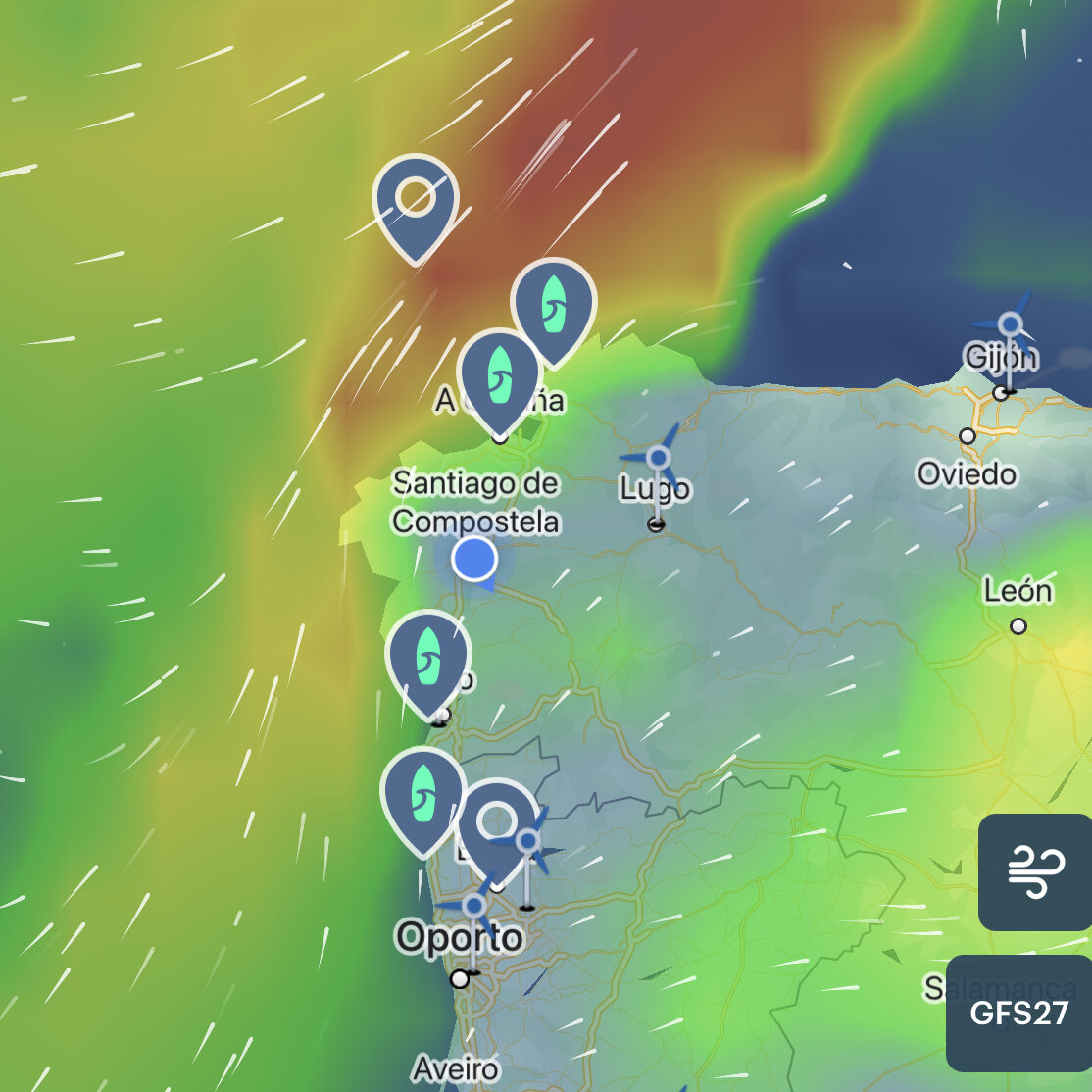 previsión de viento para surf en la App windy